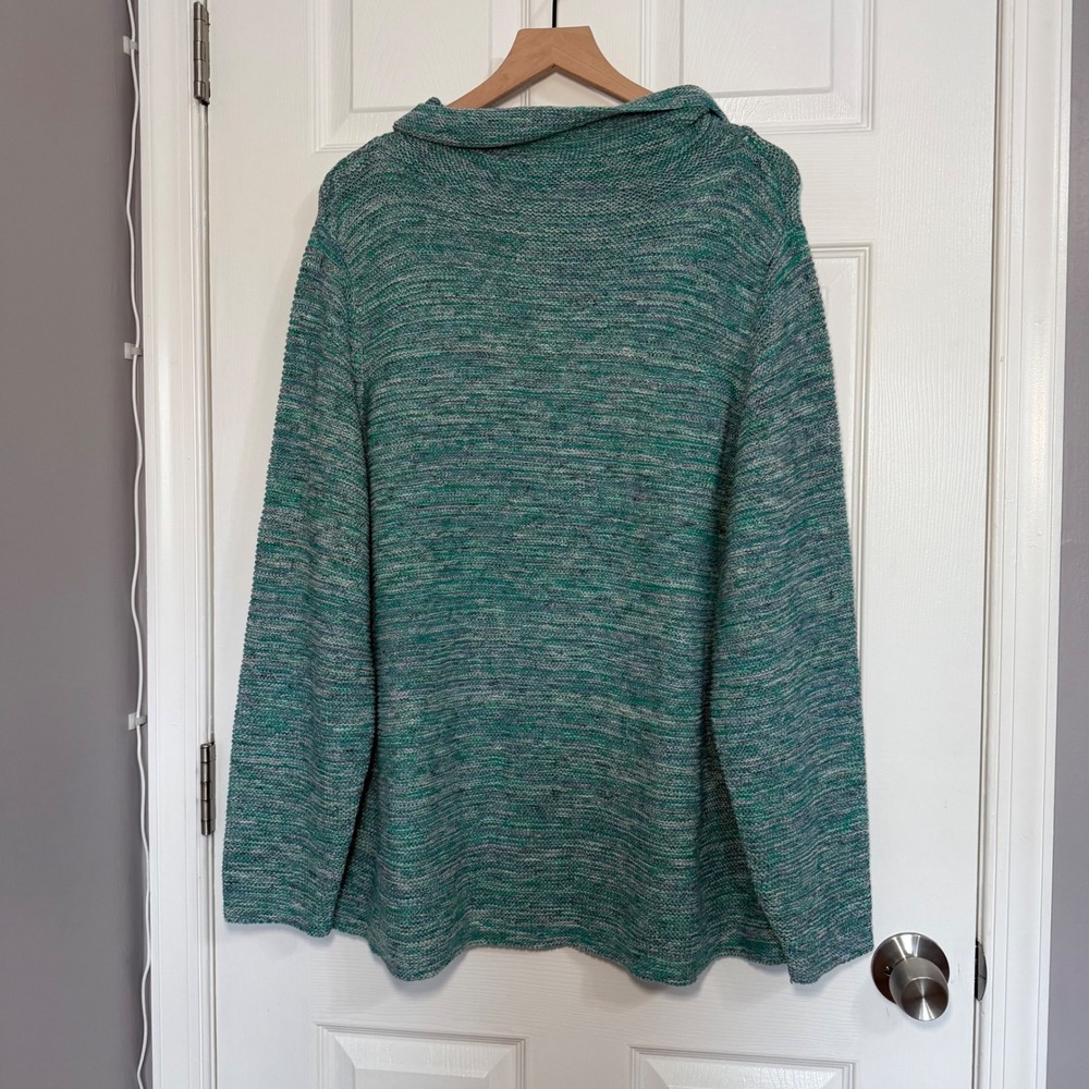 J. Jill Womens 2X Space Dye Knit Cowl Neck Sweater Green Cotton Blend Pullover